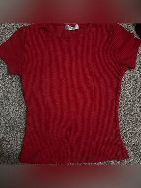 Popular Basics Red Ribbed Crewneck Short Sleeve Top